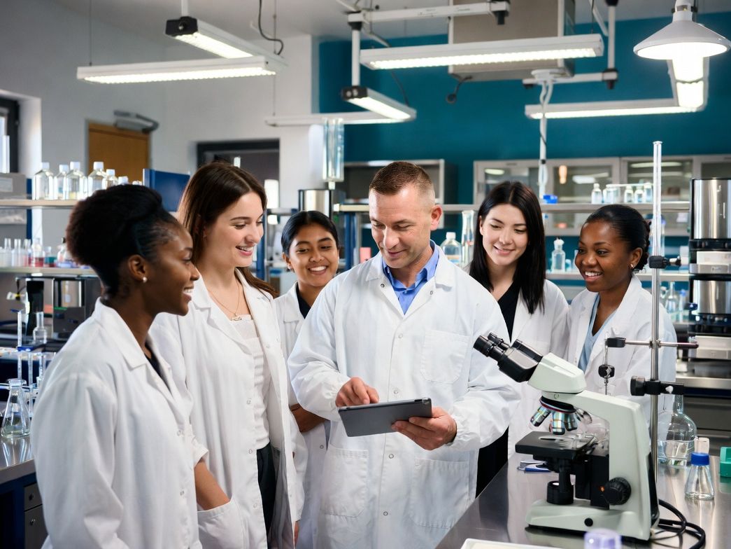 Research team reviewing results together in a laboratory