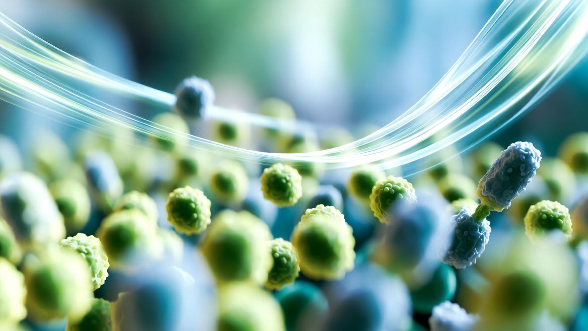 Antibodies and microbial cells rendered at high magnification