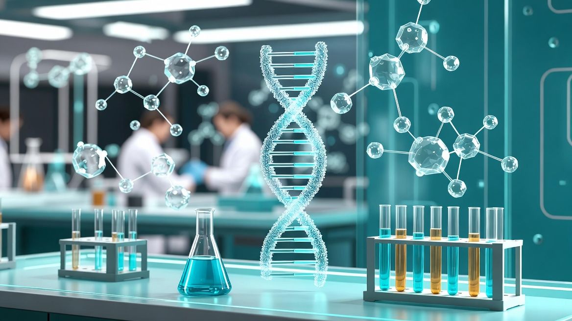 DNA helix and molecular models visualised in a research laboratory