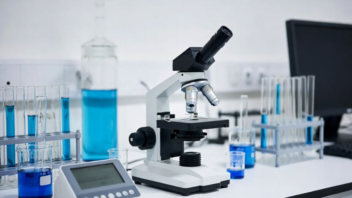 Microscope and sample tubes on a diagnostics bench