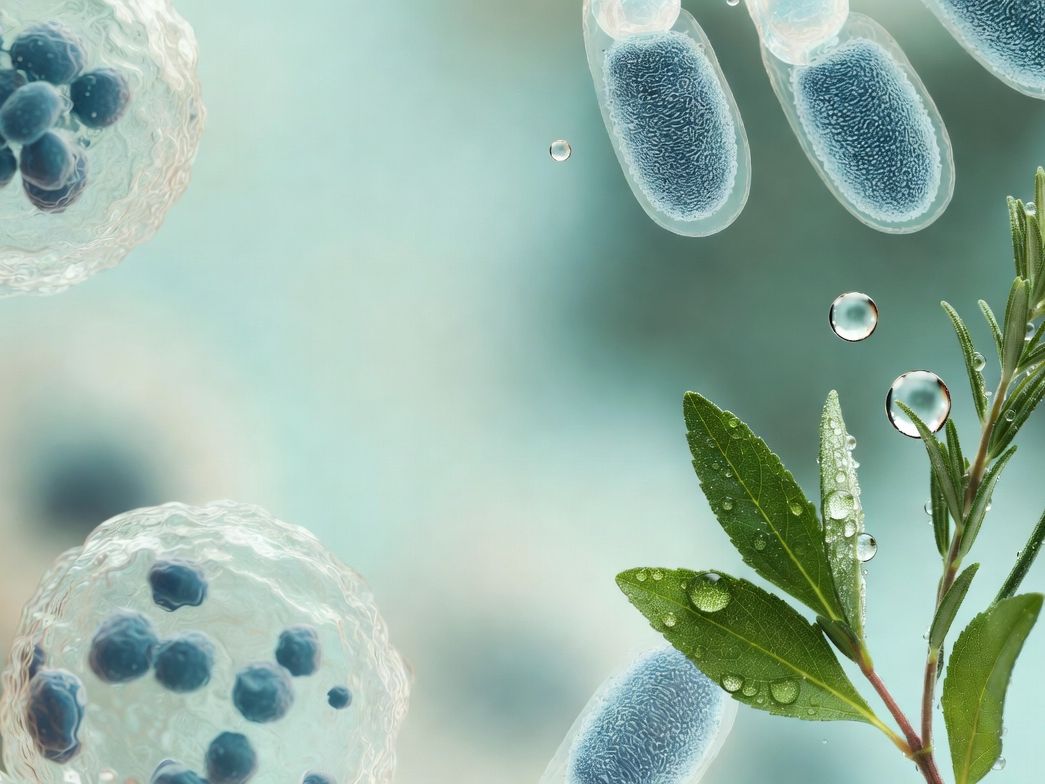 Cellular structures alongside fresh botanicals, representing science-grounded wellness formulation
